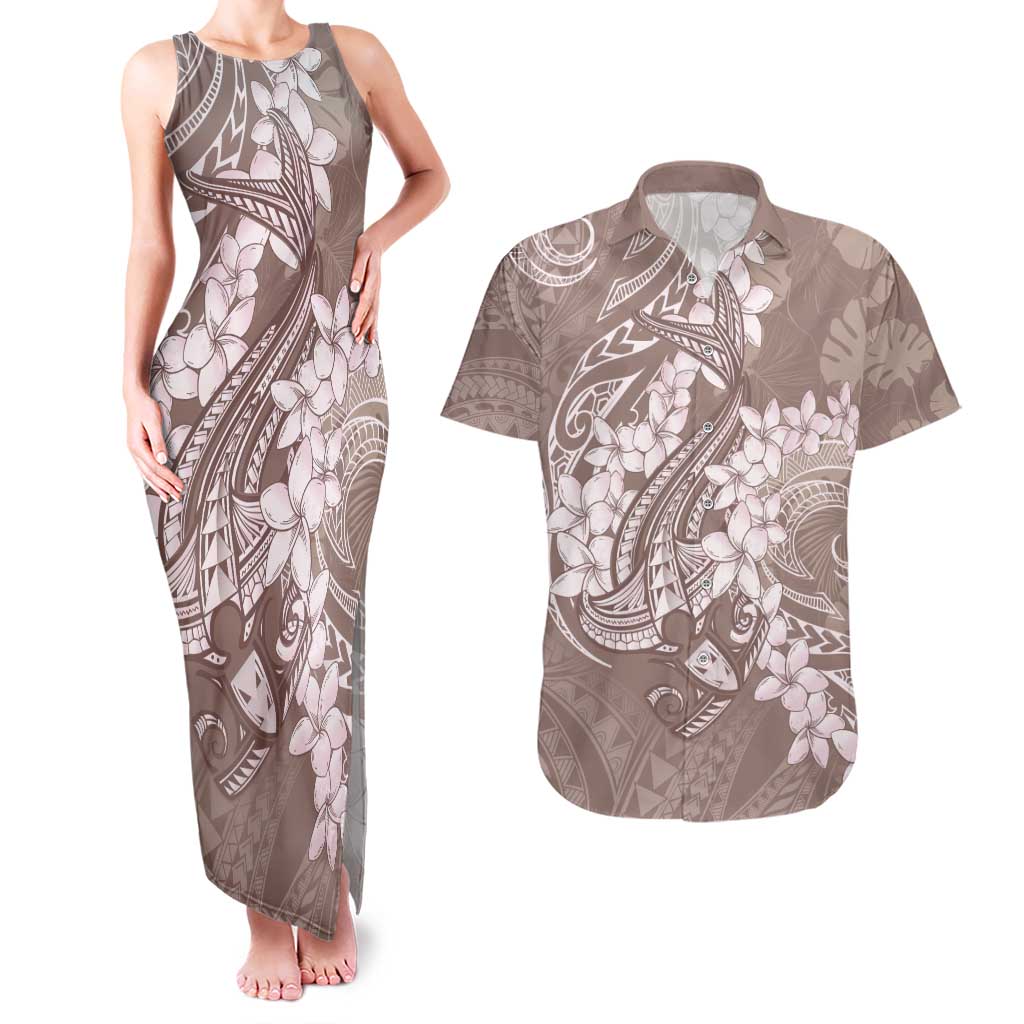 Polynesia Hammerhead Shark Tattoo With Plumeria Lei Couples Matching Tank Maxi Dress and Hawaiian Shirt