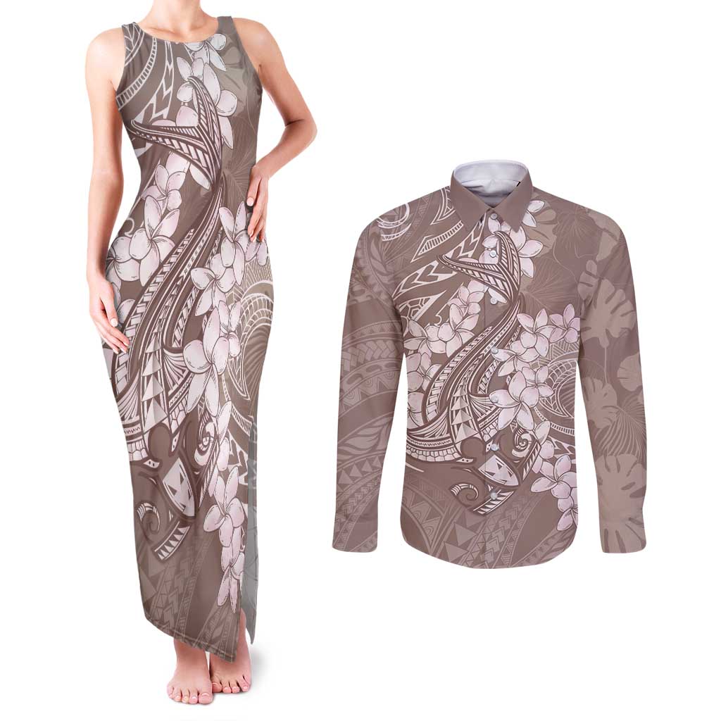 Polynesia Hammerhead Shark Tattoo With Plumeria Lei Couples Matching Tank Maxi Dress and Long Sleeve Button Shirt