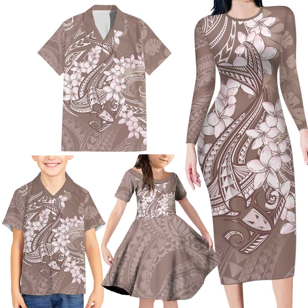 Polynesia Hammerhead Shark Tattoo With Plumeria Lei Family Matching Long Sleeve Bodycon Dress and Hawaiian Shirt