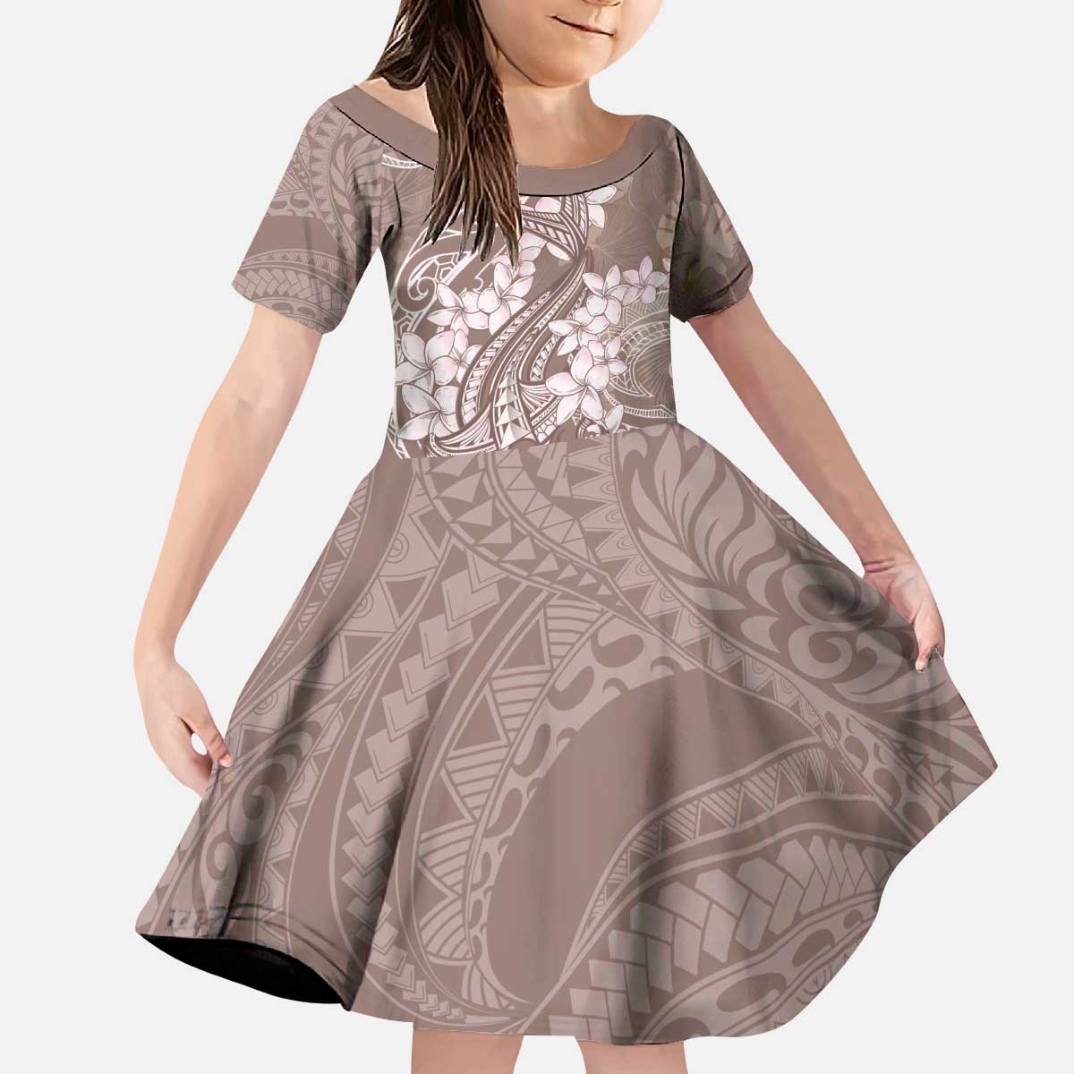 Polynesia Hammerhead Shark Tattoo With Plumeria Lei Kid Short Sleeve Dress LT14 KID Mocha - Polynesian Pride