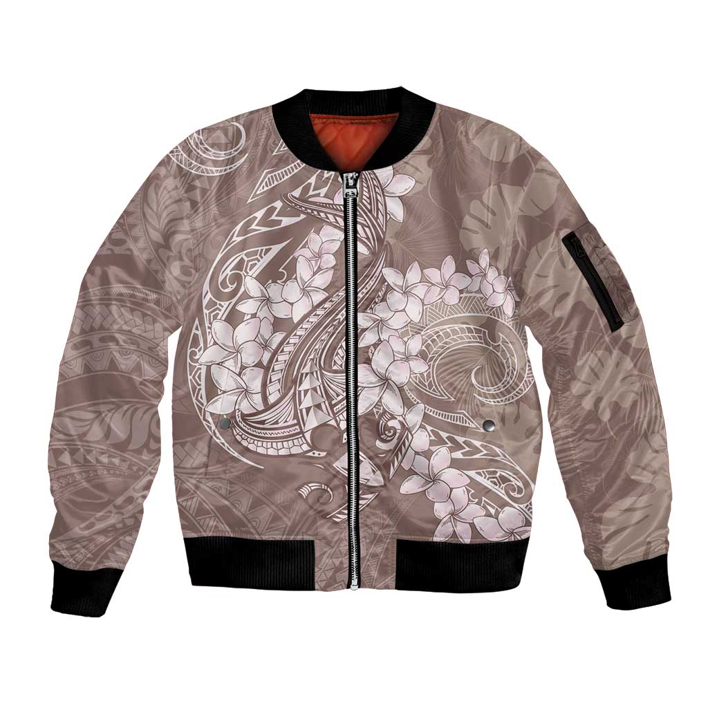 Polynesia Hammerhead Shark Tattoo With Plumeria Lei Sleeve Zip Bomber Jacket
