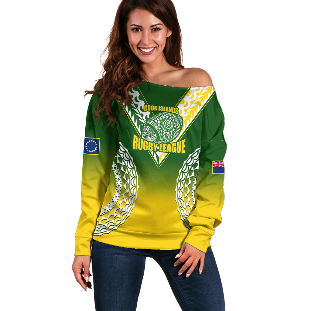 Personalised Cook Islands Rugby Off Shoulder Sweater Pacific Go The Kukis Gradient Style LT14 Women Green - Polynesian Pride