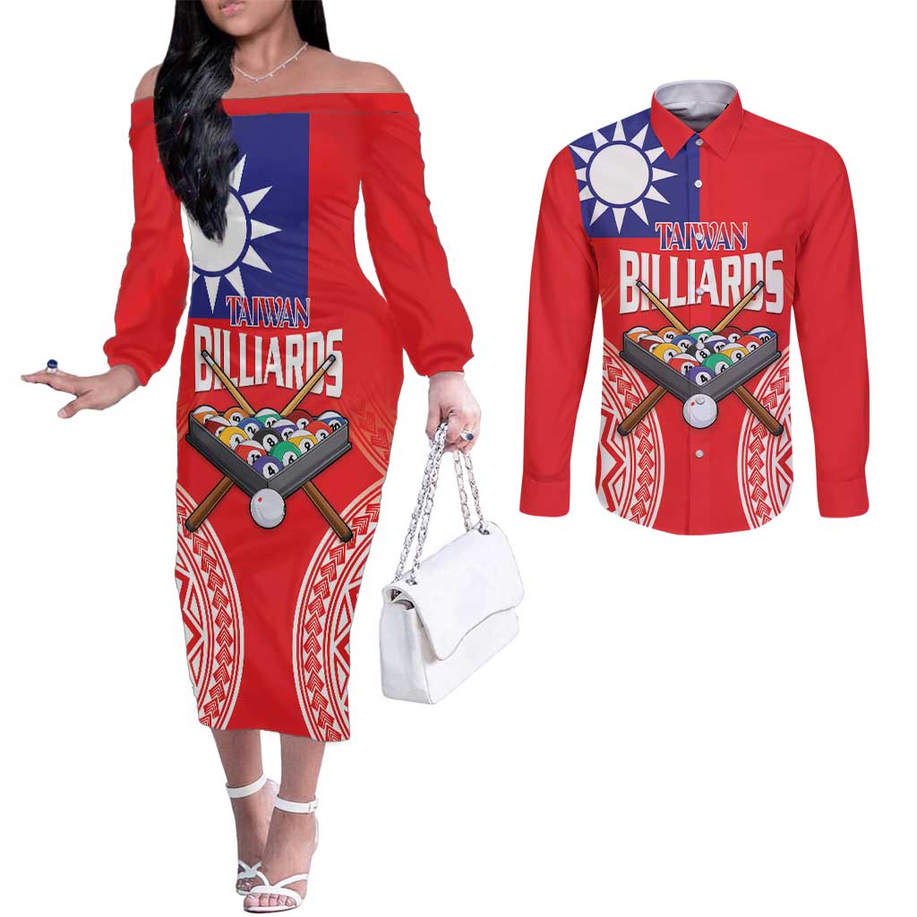 Personalised Taiwan Billiards Couples Matching Off The Shoulder Long Sleeve Dress and Long Sleeve Button Shirt Eight-ball Pool Polynesia Tattoo - Polynesian Pride