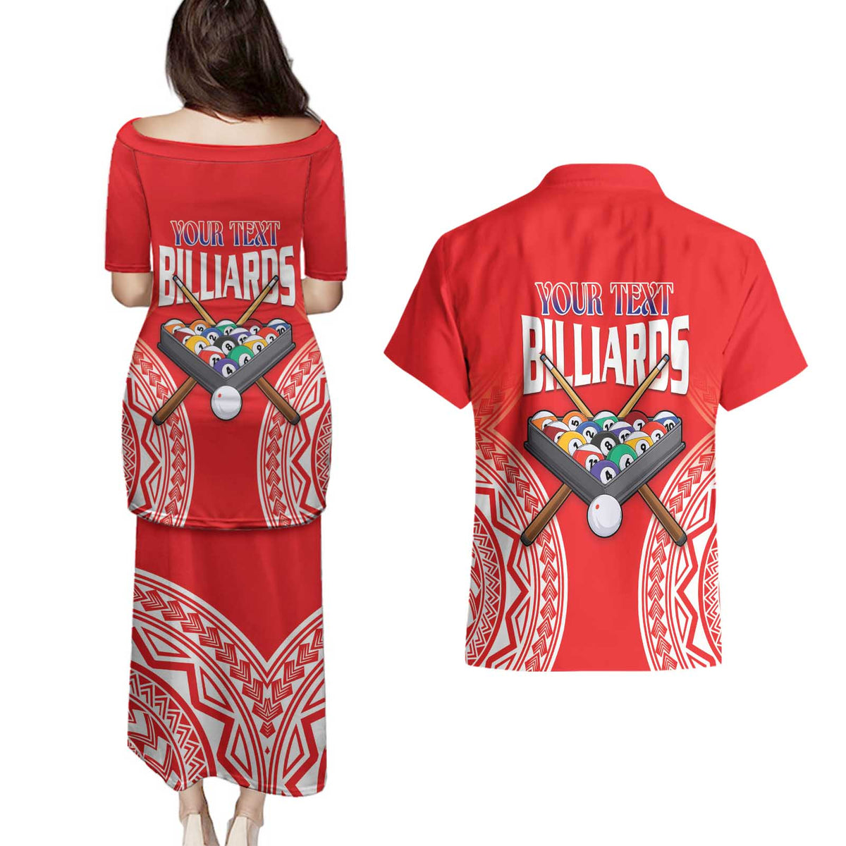 Personalised Taiwan Billiards Couples Matching Puletasi and Hawaiian Shirt Eight-ball Pool Polynesia Tattoo - Polynesian Pride