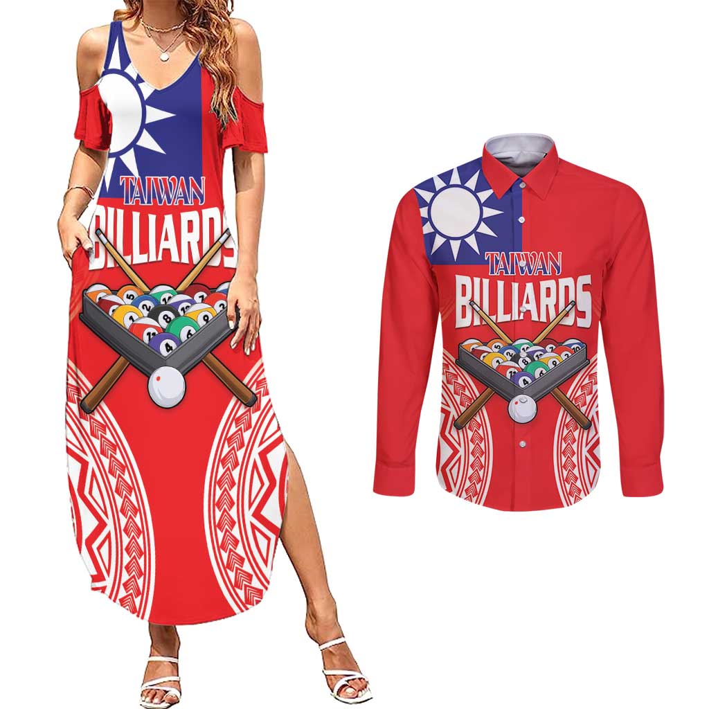 Personalised Taiwan Billiards Couples Matching Summer Maxi Dress and Long Sleeve Button Shirt Eight-ball Pool Polynesia Tattoo - Polynesian Pride