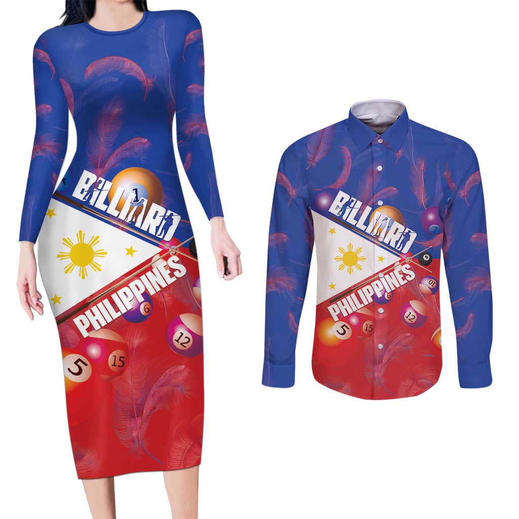 Personalised Philippines Billiards Couples Matching Long Sleeve Bodycon Dress and Long Sleeve Button Shirt Cue With Balls Flag Style - Polynesian Pride