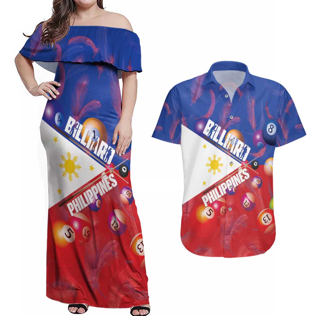 Personalised Philippines Billiards Couples Matching Off Shoulder Maxi Dress and Hawaiian Shirt Cue With Balls Flag Style - Polynesian Pride