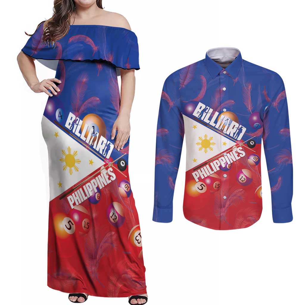 Personalised Philippines Billiards Couples Matching Off Shoulder Maxi Dress and Long Sleeve Button Shirt Cue With Balls Flag Style - Polynesian Pride