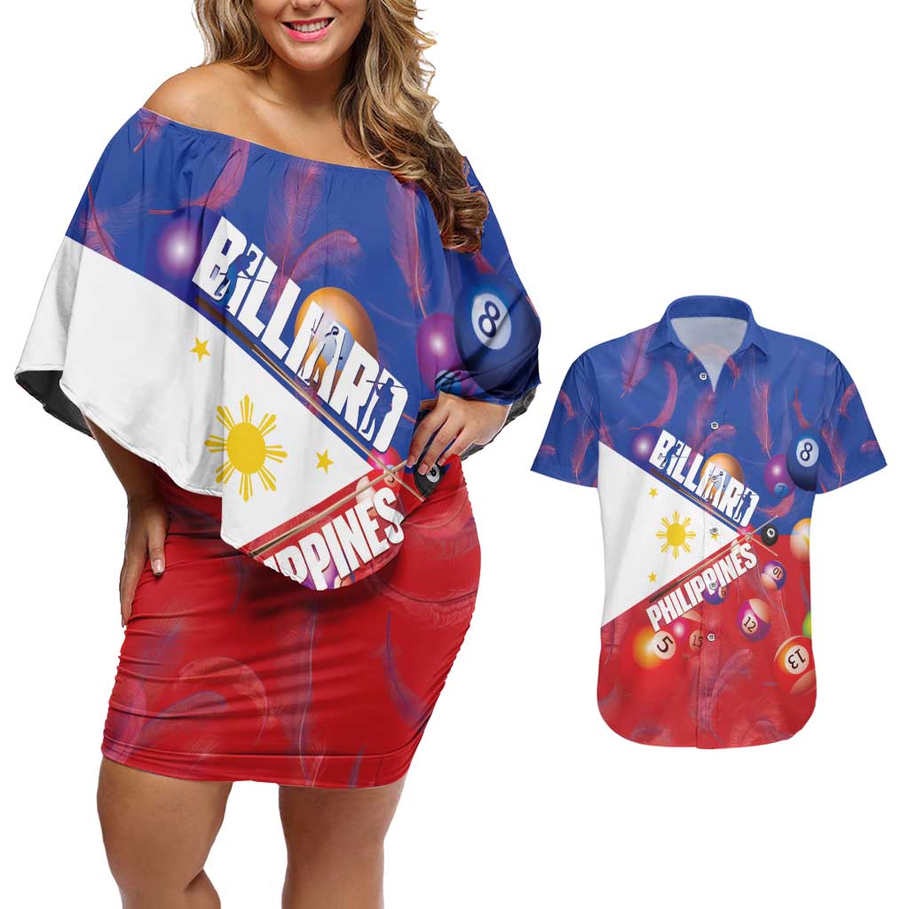 Personalised Philippines Billiards Couples Matching Off Shoulder Short Dress and Hawaiian Shirt Cue With Balls Flag Style - Polynesian Pride