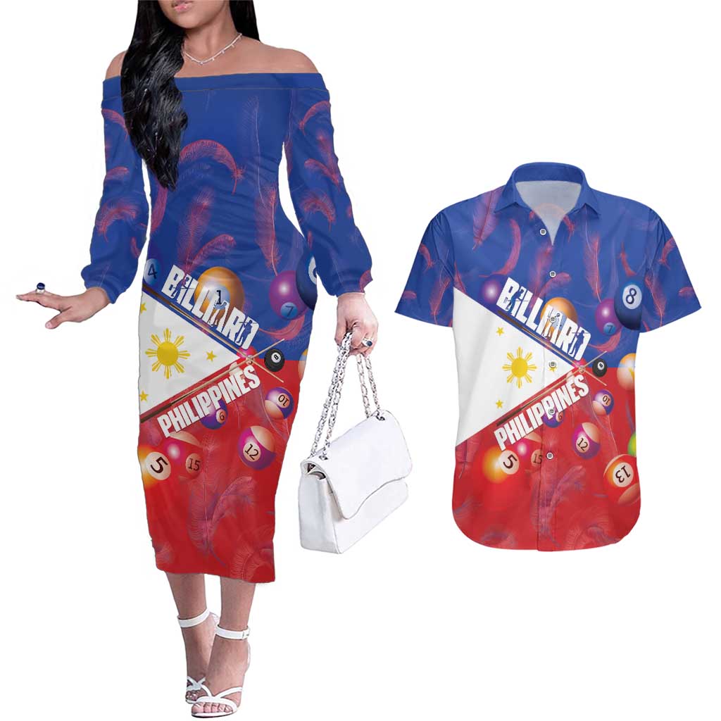 Personalised Philippines Billiards Couples Matching Off The Shoulder Long Sleeve Dress and Hawaiian Shirt Cue With Balls Flag Style - Polynesian Pride