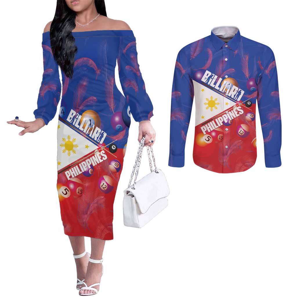 Personalised Philippines Billiards Couples Matching Off The Shoulder Long Sleeve Dress and Long Sleeve Button Shirt Cue With Balls Flag Style - Polynesian Pride
