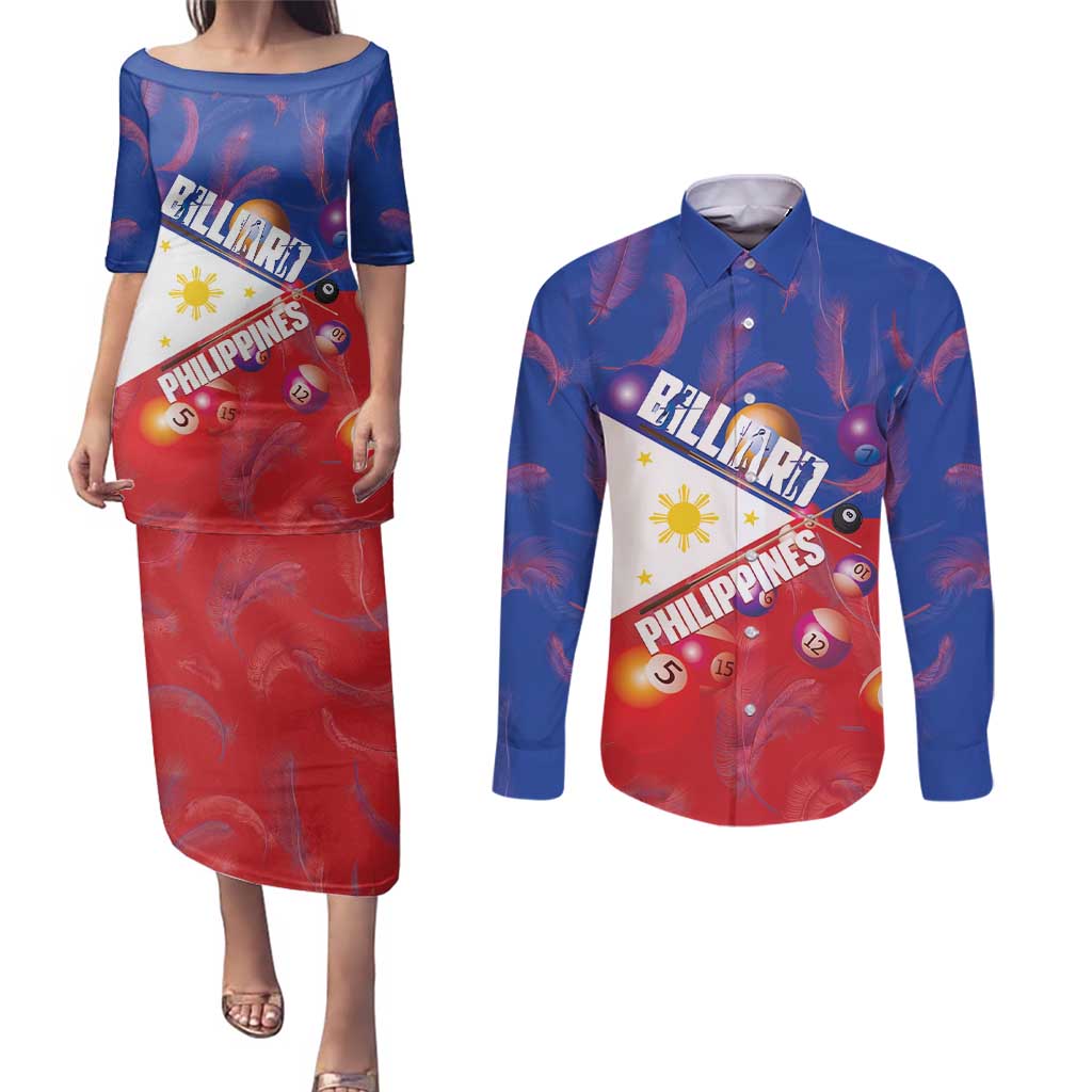 Personalised Philippines Billiards Couples Matching Puletasi and Long Sleeve Button Shirt Cue With Balls Flag Style - Polynesian Pride