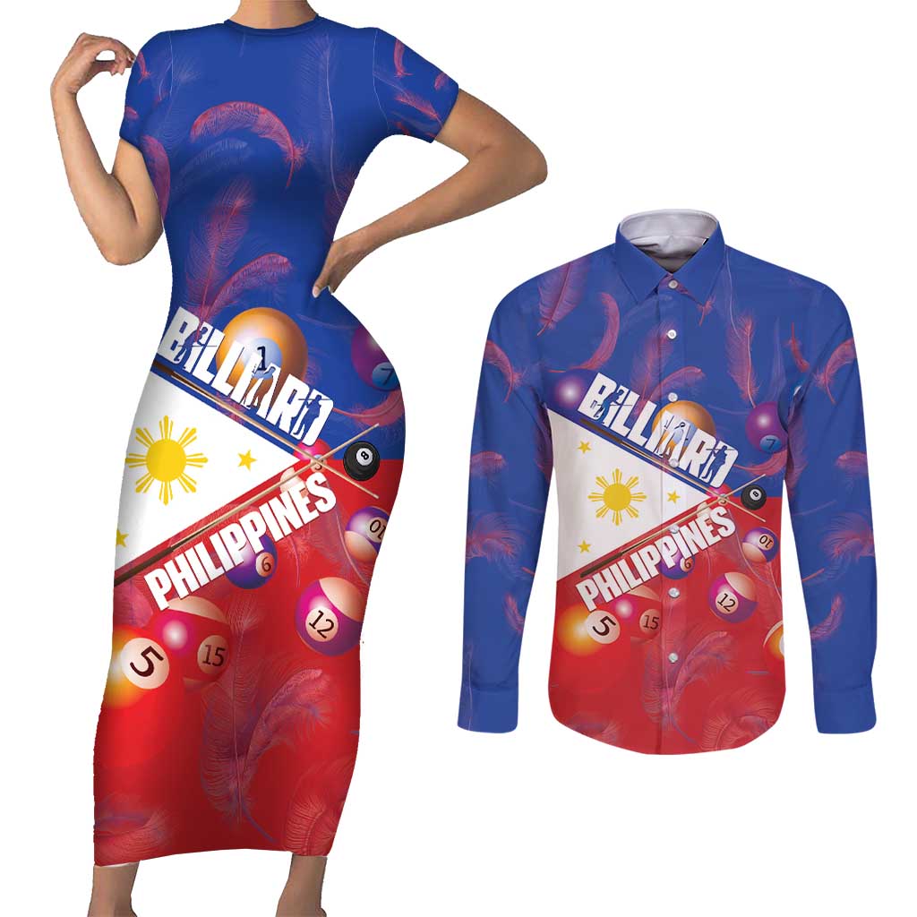 Personalised Philippines Billiards Couples Matching Short Sleeve Bodycon Dress and Long Sleeve Button Shirt Cue With Balls Flag Style - Polynesian Pride