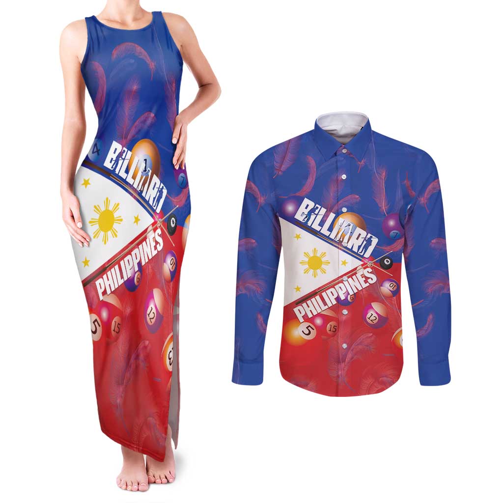 Personalised Philippines Billiards Couples Matching Tank Maxi Dress and Long Sleeve Button Shirt Cue With Balls Flag Style - Polynesian Pride