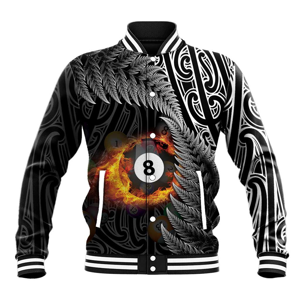 Personalised New Zealand Billiards Baseball Jacket Maori Fern On Fire 8 Ball - Polynesian Pride