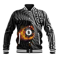 Personalised New Zealand Billiards Baseball Jacket Maori Fern On Fire 8 Ball - Polynesian Pride