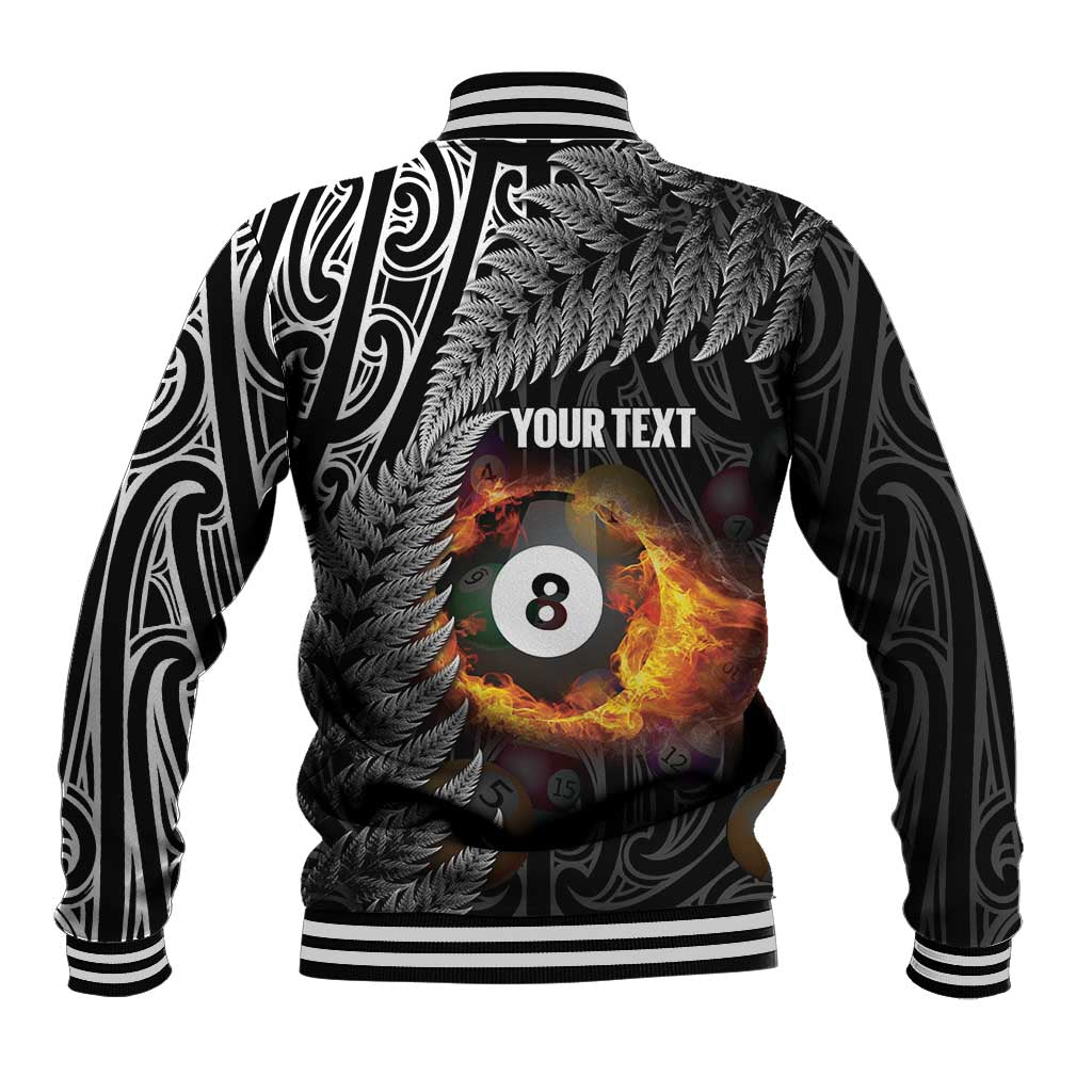 Personalised New Zealand Billiards Baseball Jacket Maori Fern On Fire 8 Ball - Polynesian Pride