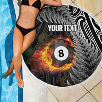 Personalised New Zealand Billiards Beach Blanket Maori Fern On Fire 8 Ball - Polynesian Pride