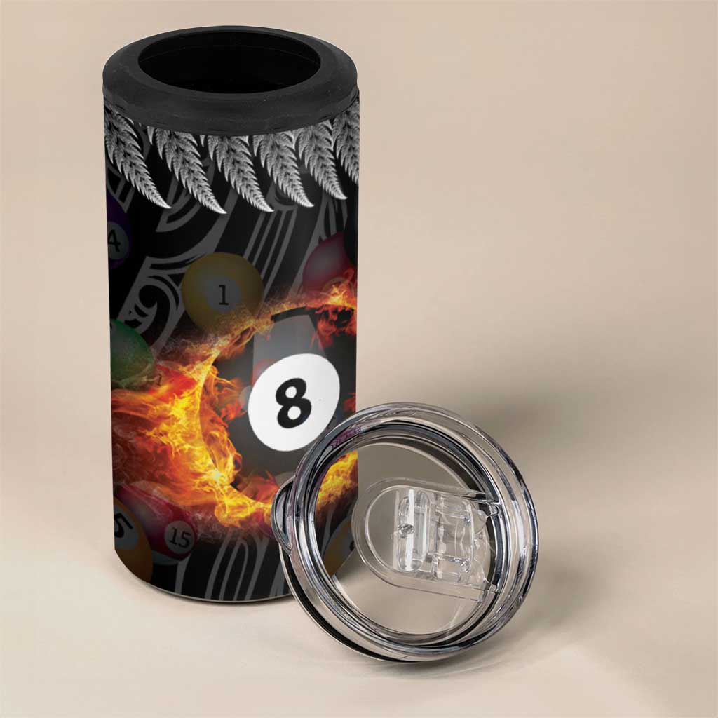 Personalised New Zealand Billiards 4 in 1 Can Cooler Tumbler Maori Fern On Fire 8 Ball - Polynesian Pride