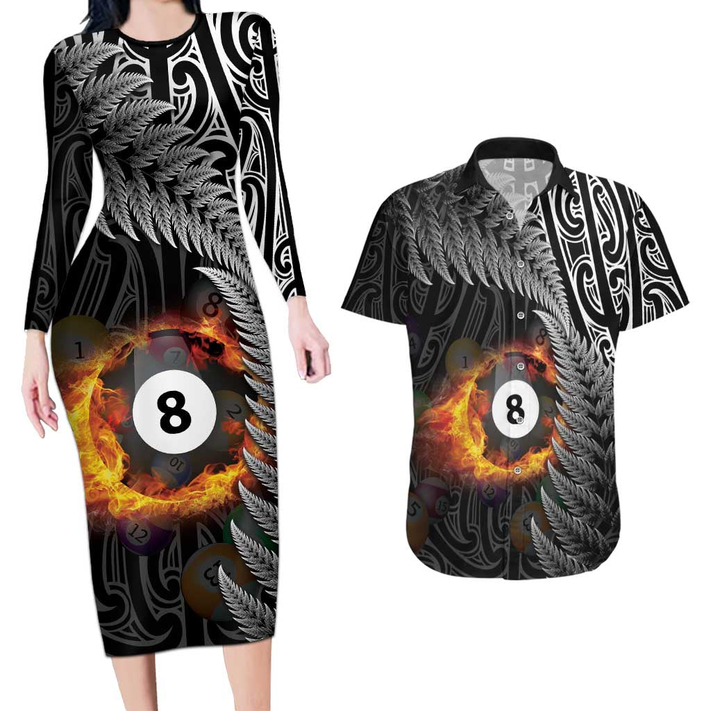Personalised New Zealand Billiards Couples Matching Long Sleeve Bodycon Dress and Hawaiian Shirt Maori Fern On Fire 8 Ball - Polynesian Pride