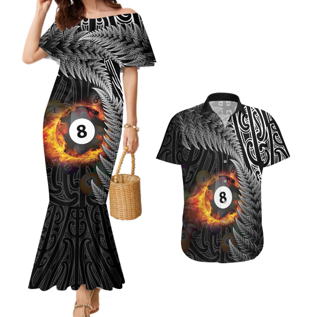 Personalised New Zealand Billiards Couples Matching Mermaid Dress and Hawaiian Shirt Maori Fern On Fire 8 Ball - Polynesian Pride