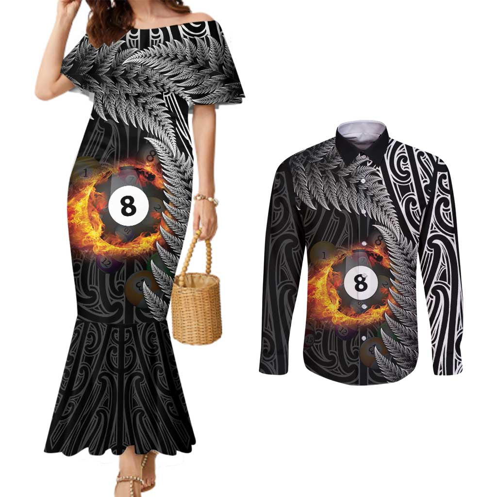 Personalised New Zealand Billiards Couples Matching Mermaid Dress and Long Sleeve Button Shirt Maori Fern On Fire 8 Ball - Polynesian Pride