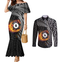 Personalised New Zealand Billiards Couples Matching Mermaid Dress and Long Sleeve Button Shirt Maori Fern On Fire 8 Ball - Polynesian Pride