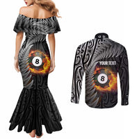 Personalised New Zealand Billiards Couples Matching Mermaid Dress and Long Sleeve Button Shirt Maori Fern On Fire 8 Ball - Polynesian Pride