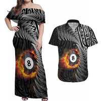 Personalised New Zealand Billiards Couples Matching Off Shoulder Maxi Dress and Hawaiian Shirt Maori Fern On Fire 8 Ball - Polynesian Pride