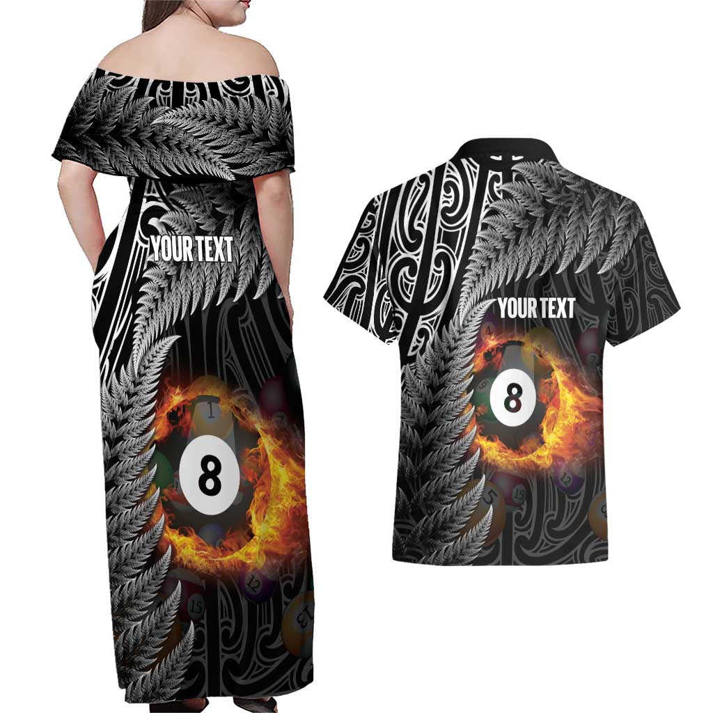 Personalised New Zealand Billiards Couples Matching Off Shoulder Maxi Dress and Hawaiian Shirt Maori Fern On Fire 8 Ball - Polynesian Pride