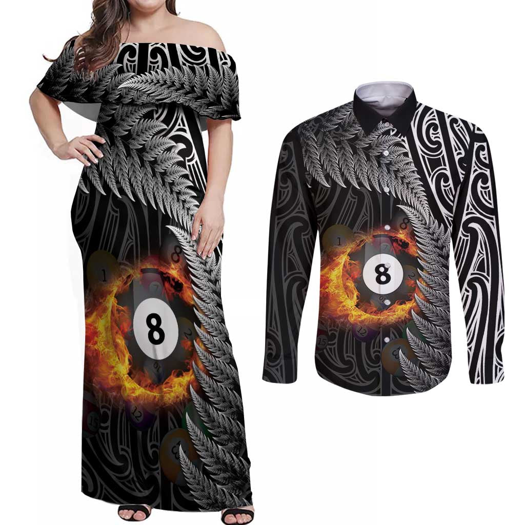 Personalised New Zealand Billiards Couples Matching Off Shoulder Maxi Dress and Long Sleeve Button Shirt Maori Fern On Fire 8 Ball - Polynesian Pride