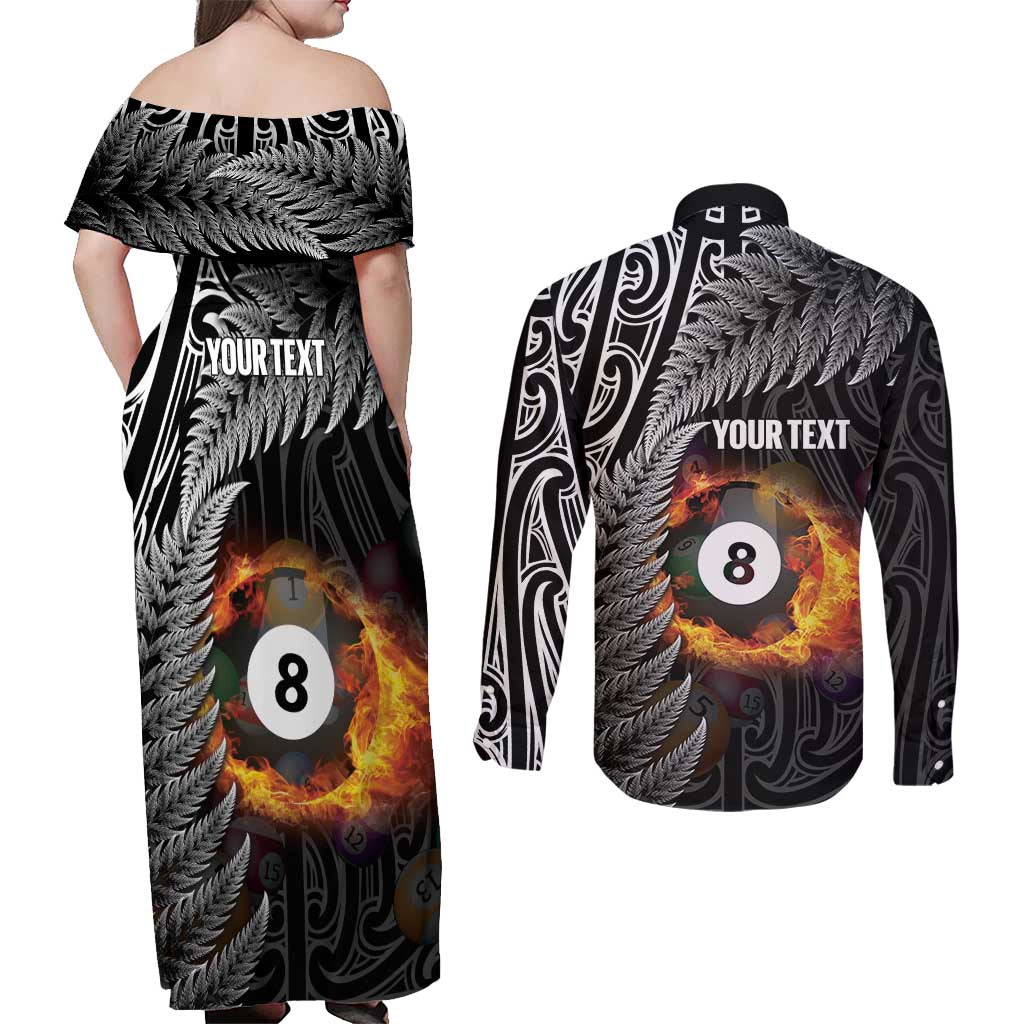Personalised New Zealand Billiards Couples Matching Off Shoulder Maxi Dress and Long Sleeve Button Shirt Maori Fern On Fire 8 Ball - Polynesian Pride