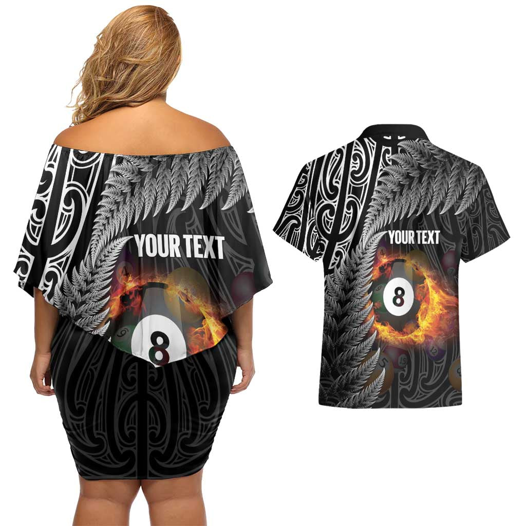 Personalised New Zealand Billiards Couples Matching Off Shoulder Short Dress and Hawaiian Shirt Maori Fern On Fire 8 Ball - Polynesian Pride
