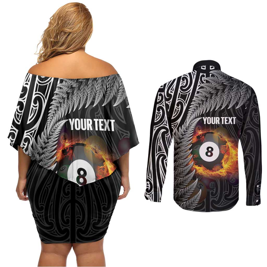 Personalised New Zealand Billiards Couples Matching Off Shoulder Short Dress and Long Sleeve Button Shirt Maori Fern On Fire 8 Ball - Polynesian Pride