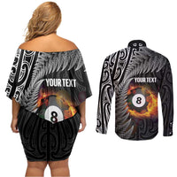 Personalised New Zealand Billiards Couples Matching Off Shoulder Short Dress and Long Sleeve Button Shirt Maori Fern On Fire 8 Ball - Polynesian Pride