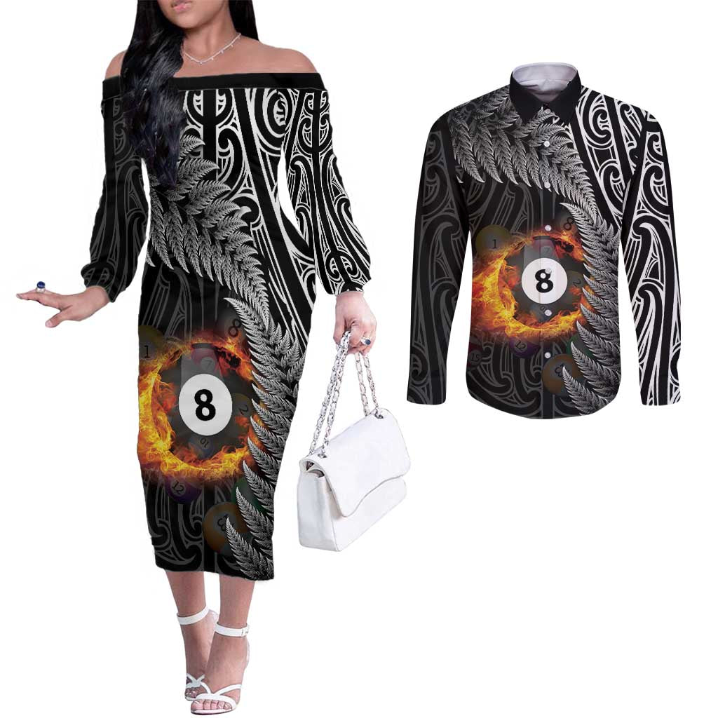Personalised New Zealand Billiards Couples Matching Off The Shoulder Long Sleeve Dress and Long Sleeve Button Shirt Maori Fern On Fire 8 Ball - Polynesian Pride