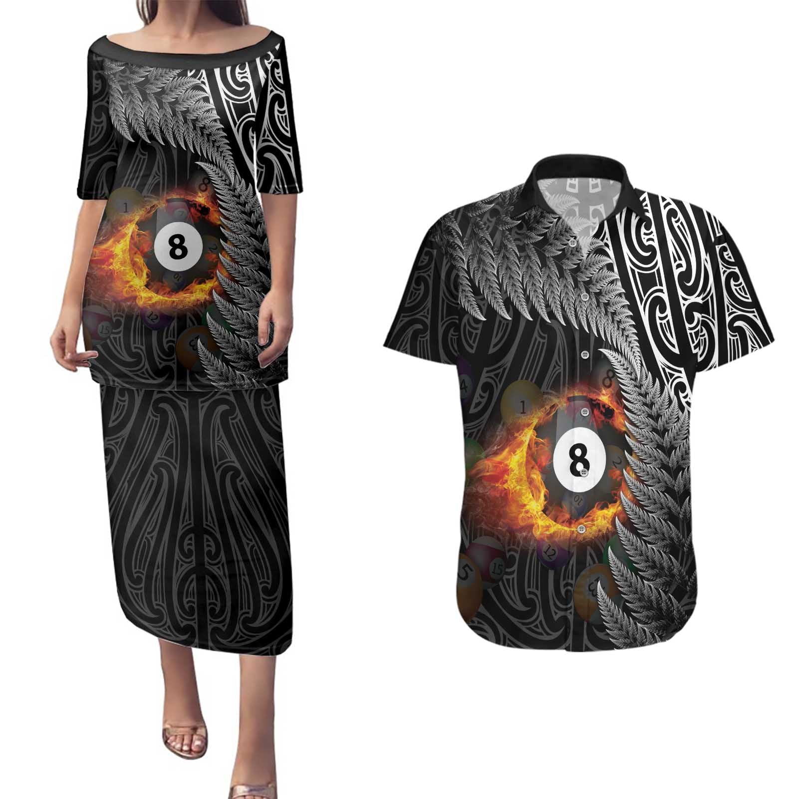 Personalised New Zealand Billiards Couples Matching Puletasi and Hawaiian Shirt Maori Fern On Fire 8 Ball - Polynesian Pride