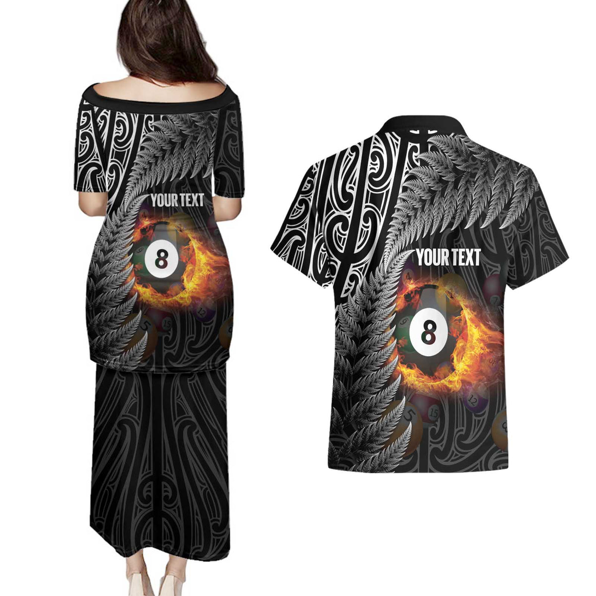 Personalised New Zealand Billiards Couples Matching Puletasi and Hawaiian Shirt Maori Fern On Fire 8 Ball - Polynesian Pride