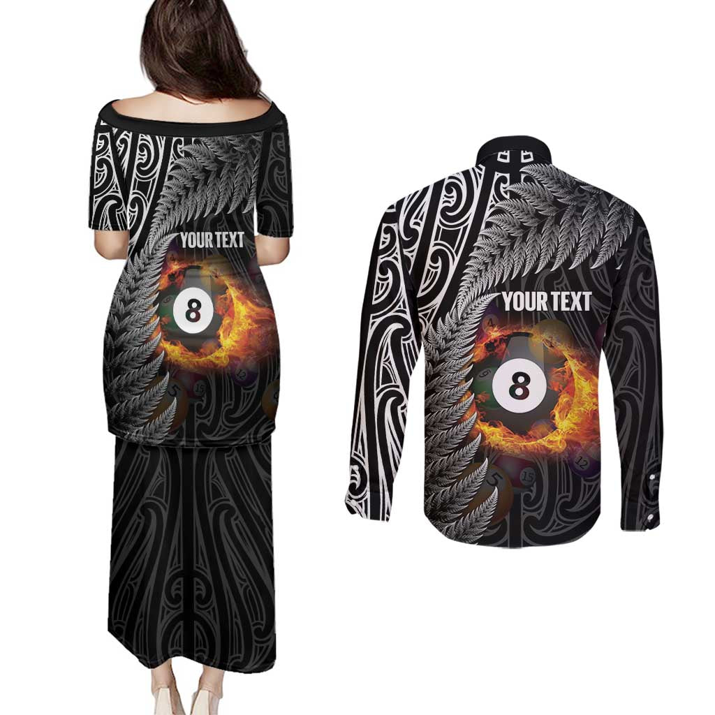 Personalised New Zealand Billiards Couples Matching Puletasi and Long Sleeve Button Shirt Maori Fern On Fire 8 Ball - Polynesian Pride