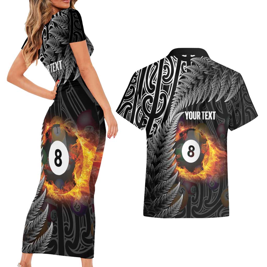 Personalised New Zealand Billiards Couples Matching Short Sleeve Bodycon Dress and Hawaiian Shirt Maori Fern On Fire 8 Ball - Polynesian Pride