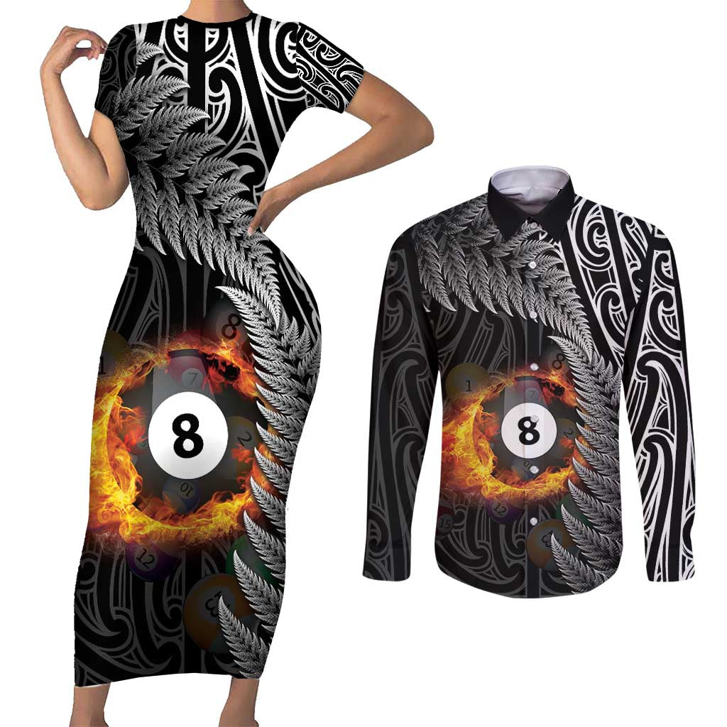 Personalised New Zealand Billiards Couples Matching Short Sleeve Bodycon Dress and Long Sleeve Button Shirt Maori Fern On Fire 8 Ball - Polynesian Pride