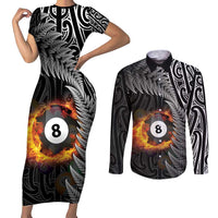 Personalised New Zealand Billiards Couples Matching Short Sleeve Bodycon Dress and Long Sleeve Button Shirt Maori Fern On Fire 8 Ball - Polynesian Pride