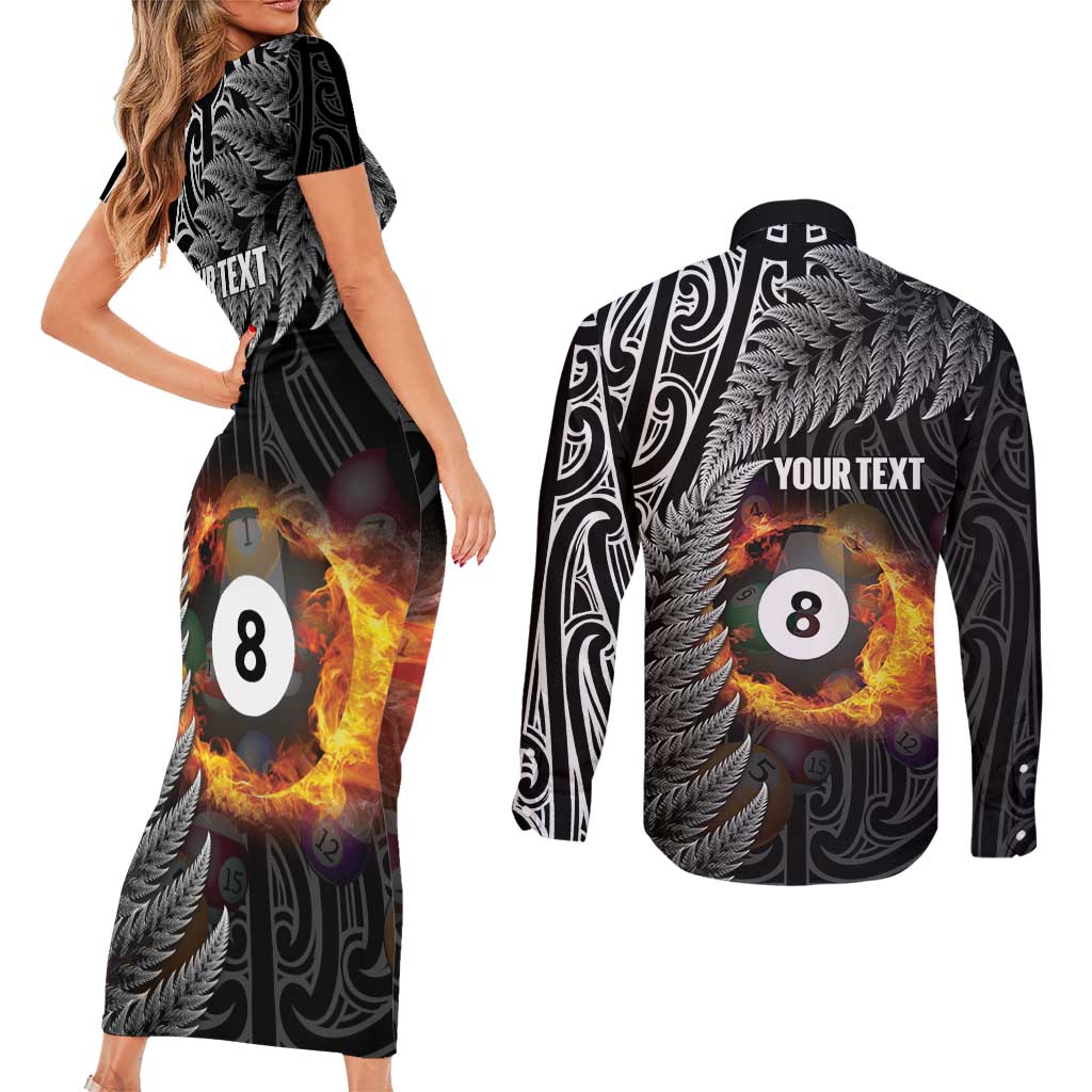Personalised New Zealand Billiards Couples Matching Short Sleeve Bodycon Dress and Long Sleeve Button Shirt Maori Fern On Fire 8 Ball - Polynesian Pride