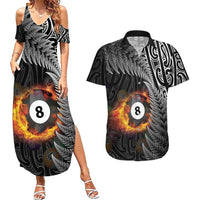 Personalised New Zealand Billiards Couples Matching Summer Maxi Dress and Hawaiian Shirt Maori Fern On Fire 8 Ball - Polynesian Pride