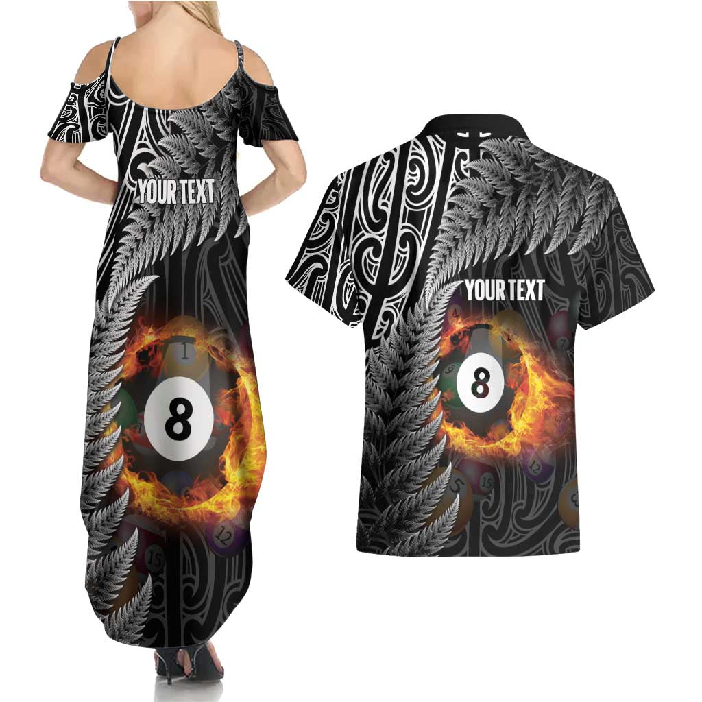 Personalised New Zealand Billiards Couples Matching Summer Maxi Dress and Hawaiian Shirt Maori Fern On Fire 8 Ball - Polynesian Pride
