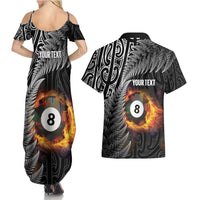 Personalised New Zealand Billiards Couples Matching Summer Maxi Dress and Hawaiian Shirt Maori Fern On Fire 8 Ball - Polynesian Pride