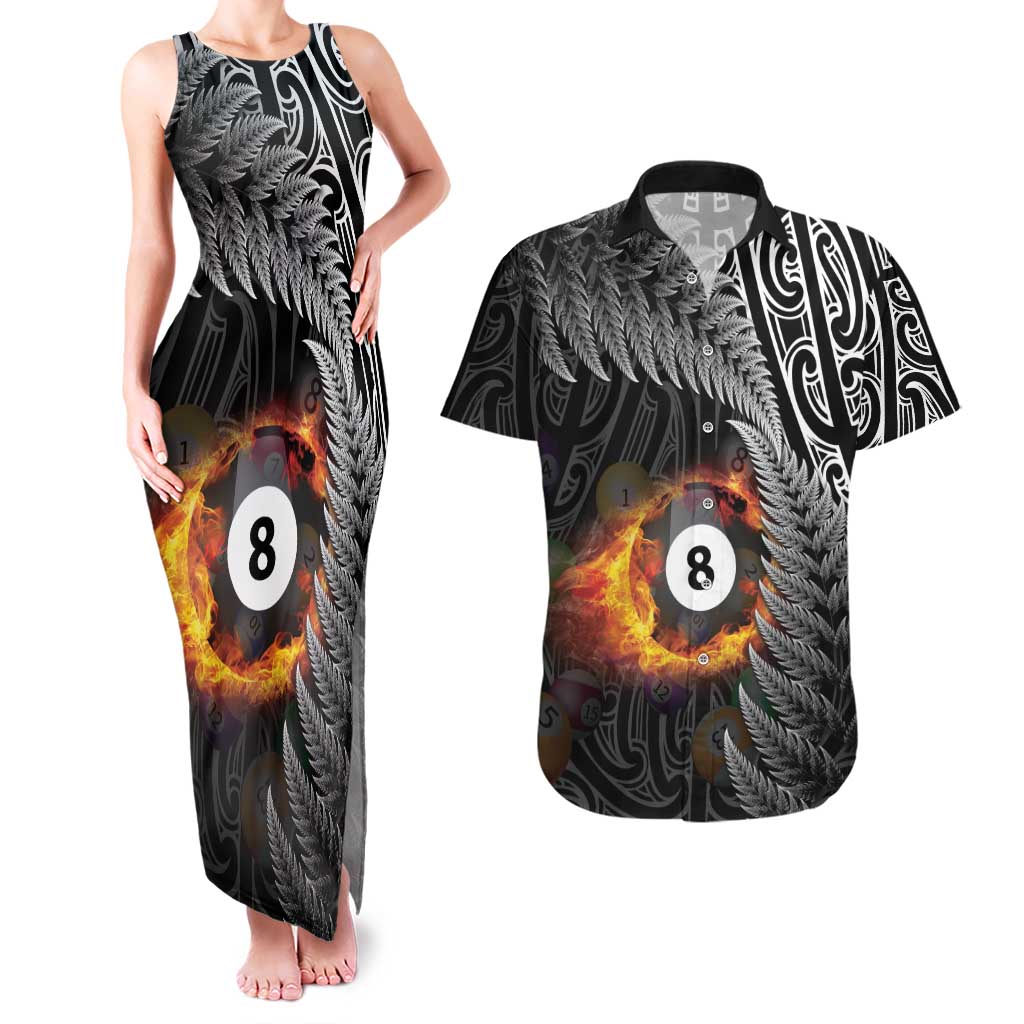 Personalised New Zealand Billiards Couples Matching Tank Maxi Dress and Hawaiian Shirt Maori Fern On Fire 8 Ball - Polynesian Pride