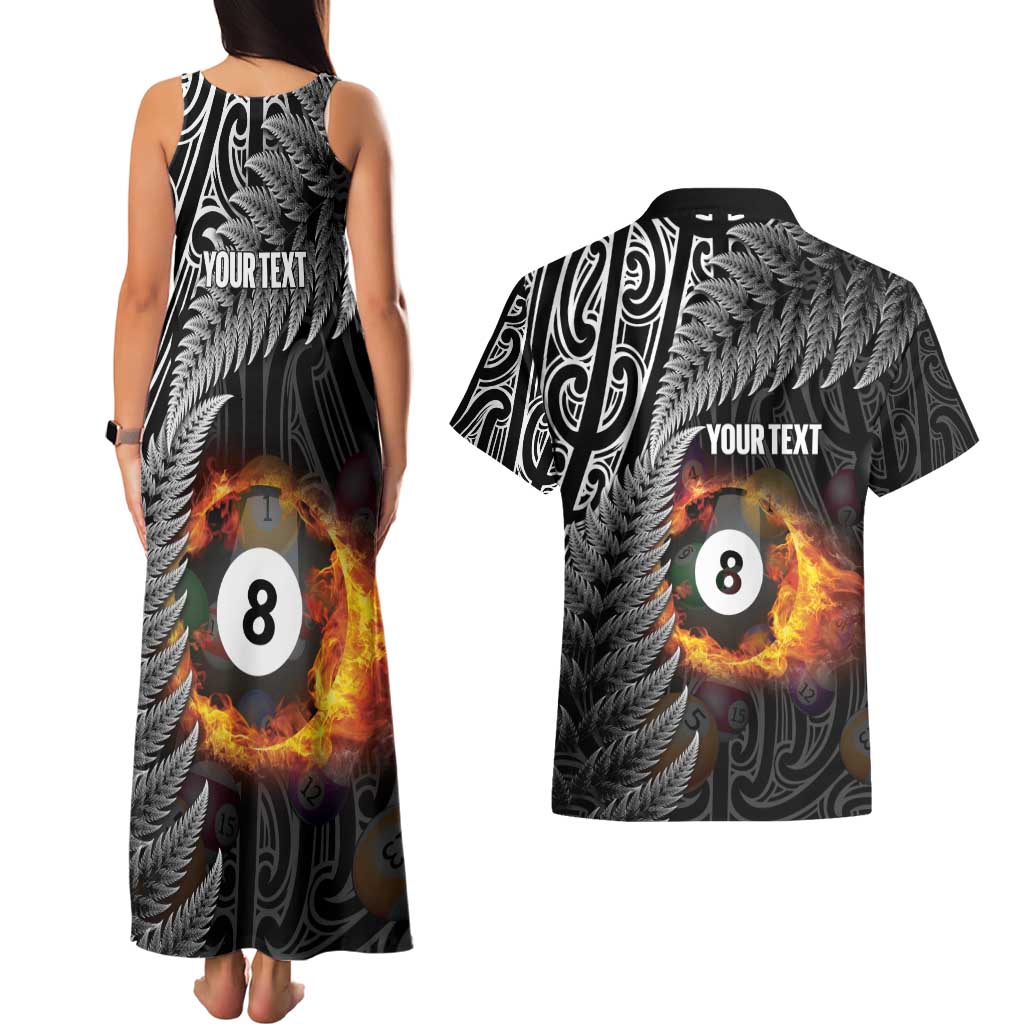 Personalised New Zealand Billiards Couples Matching Tank Maxi Dress and Hawaiian Shirt Maori Fern On Fire 8 Ball - Polynesian Pride