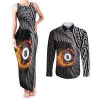 Personalised New Zealand Billiards Couples Matching Tank Maxi Dress and Long Sleeve Button Shirt Maori Fern On Fire 8 Ball - Polynesian Pride