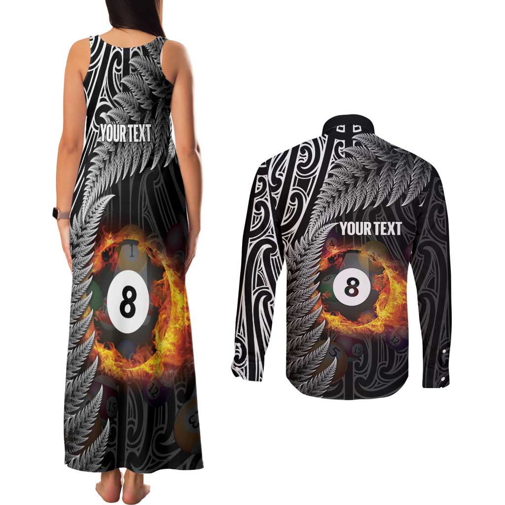 Personalised New Zealand Billiards Couples Matching Tank Maxi Dress and Long Sleeve Button Shirt Maori Fern On Fire 8 Ball - Polynesian Pride